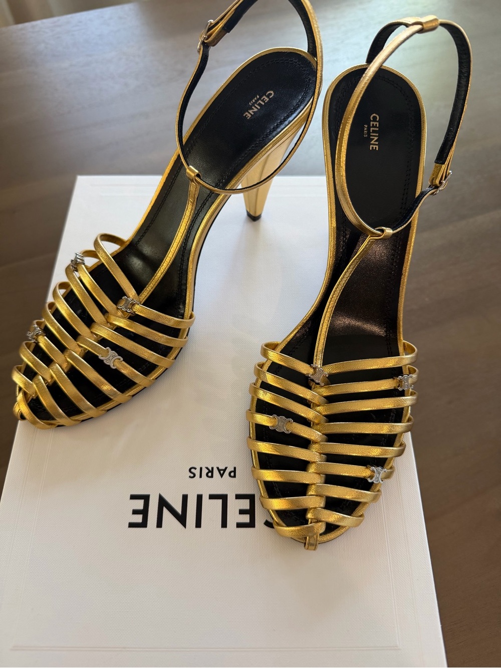 CELINE CAGE HEELED SANDAL IN LAMINATED LAMBSKIN